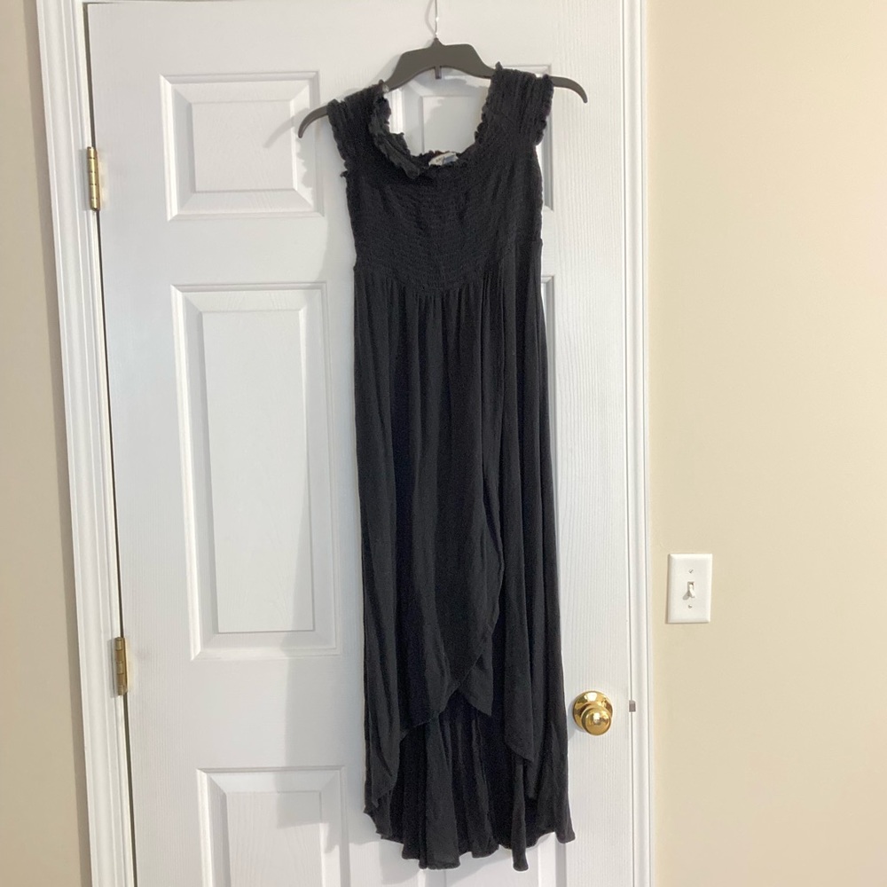 Black off the shoulder maxi high low wrap dress